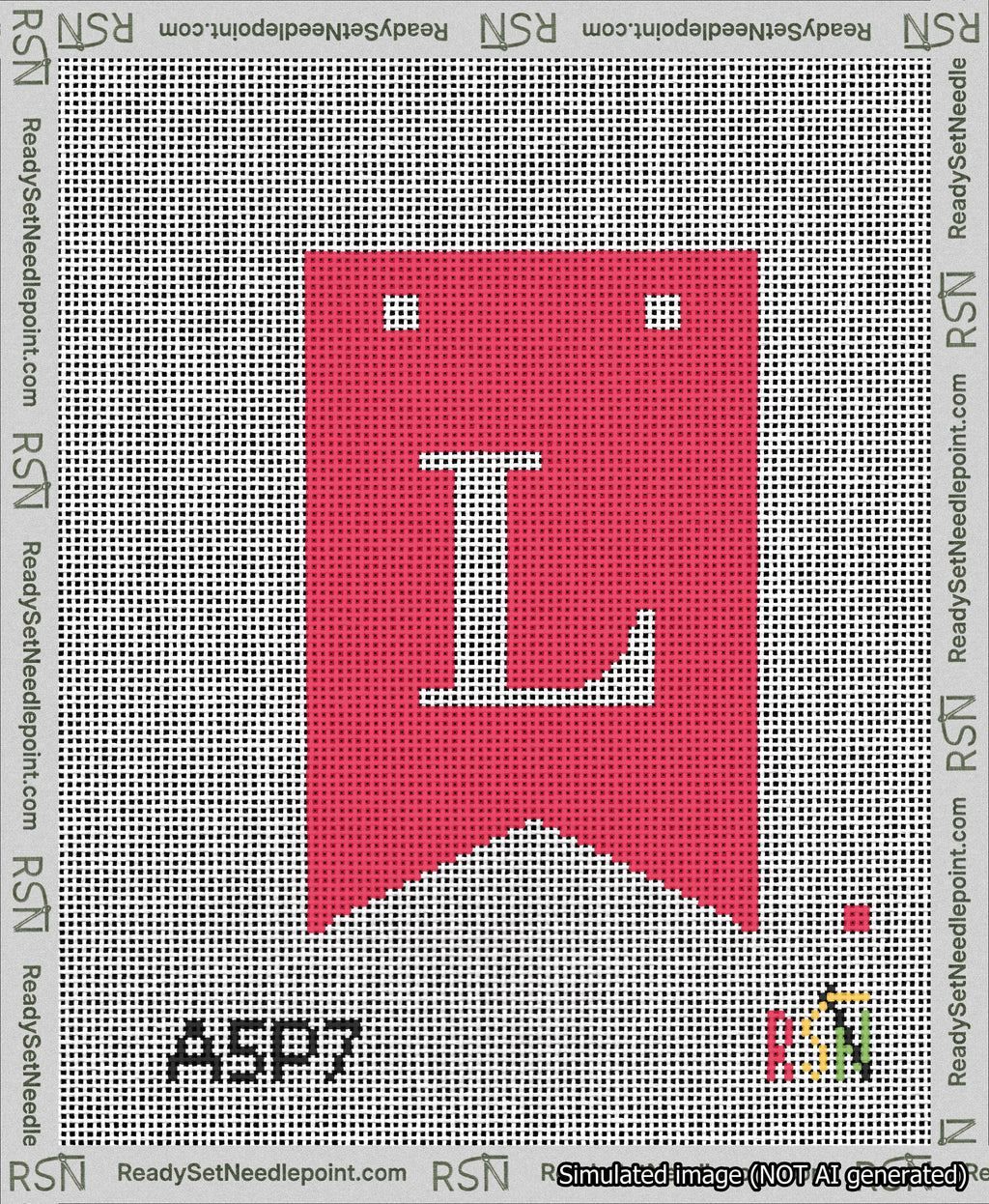 A taped needlepoint canvas with the design: Banner 13 mesh count Forked L White on Red.