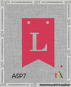 A taped needlepoint canvas with the design: Banner 13 mesh count Forked L White on Red.