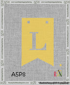 A taped needlepoint canvas with the design: Banner 13 mesh count Forked L White on Yellow.