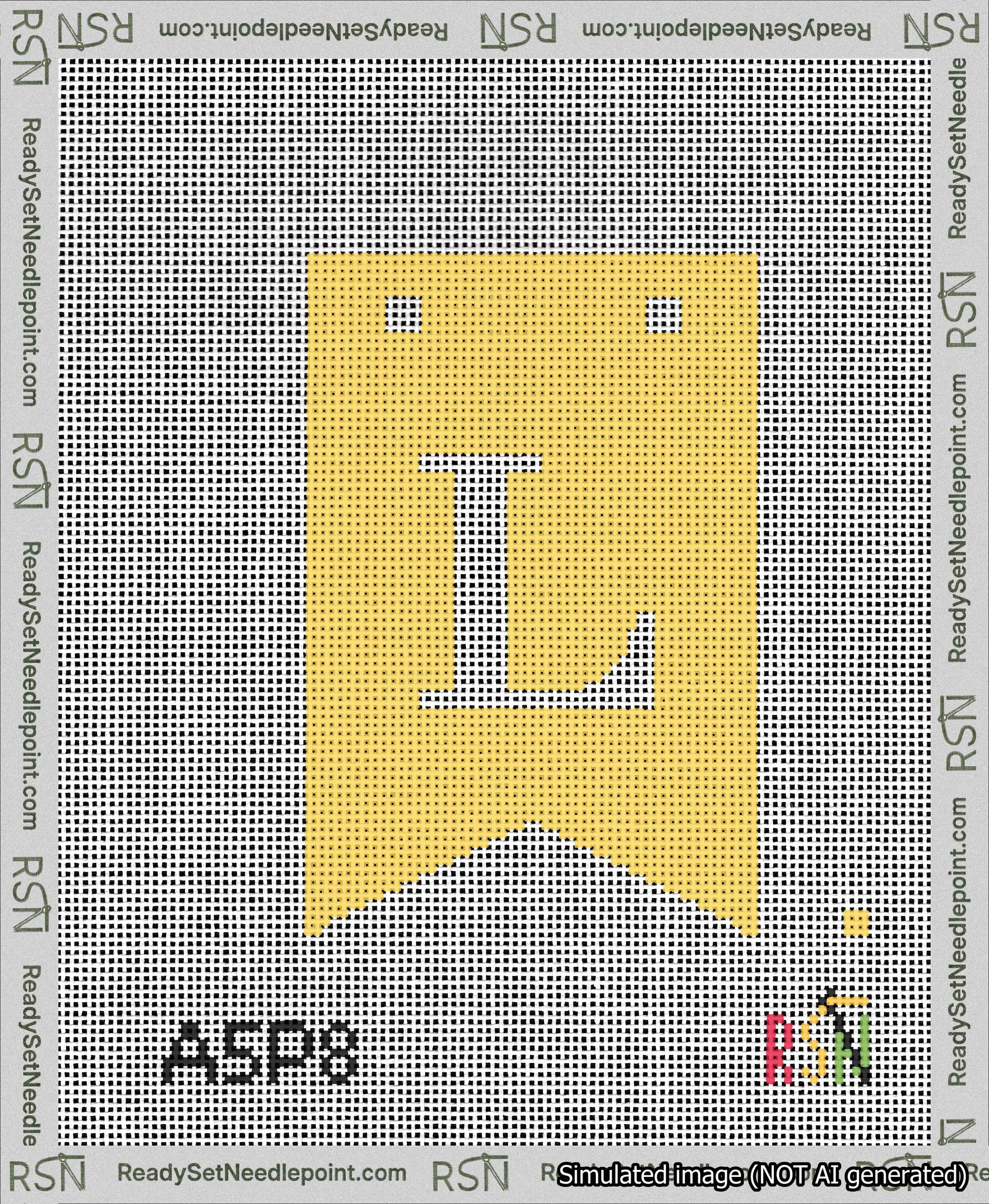 A taped needlepoint canvas with the design: Banner 13 mesh count Forked L White on Yellow.