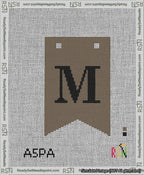 A taped needlepoint canvas with the design: Banner 13 mesh count Forked M Black on Brown.