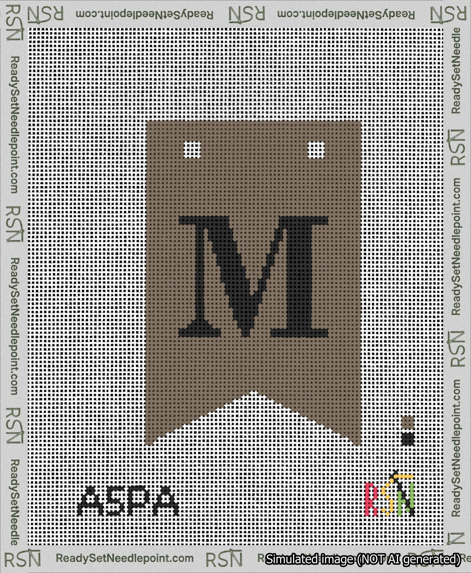 A taped needlepoint canvas with the design: Banner 13 mesh count Forked M Black on Brown.