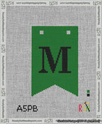A taped needlepoint canvas with the design: Banner 13 mesh count Forked M Black on Green.