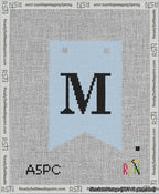 A taped needlepoint canvas with the design: Banner 13 mesh count Forked M Black on Light Blue.