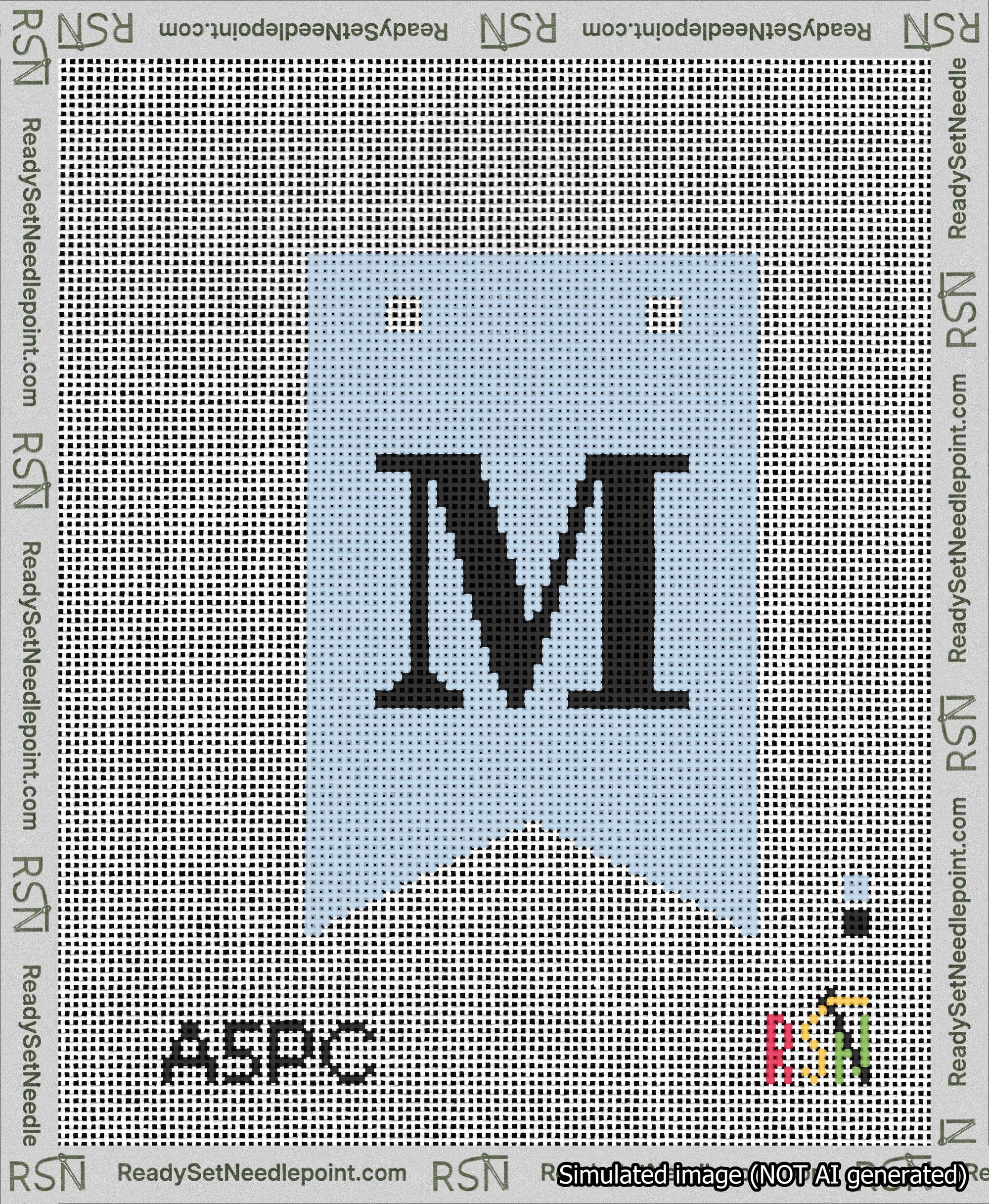A taped needlepoint canvas with the design: Banner 13 mesh count Forked M Black on Light Blue.