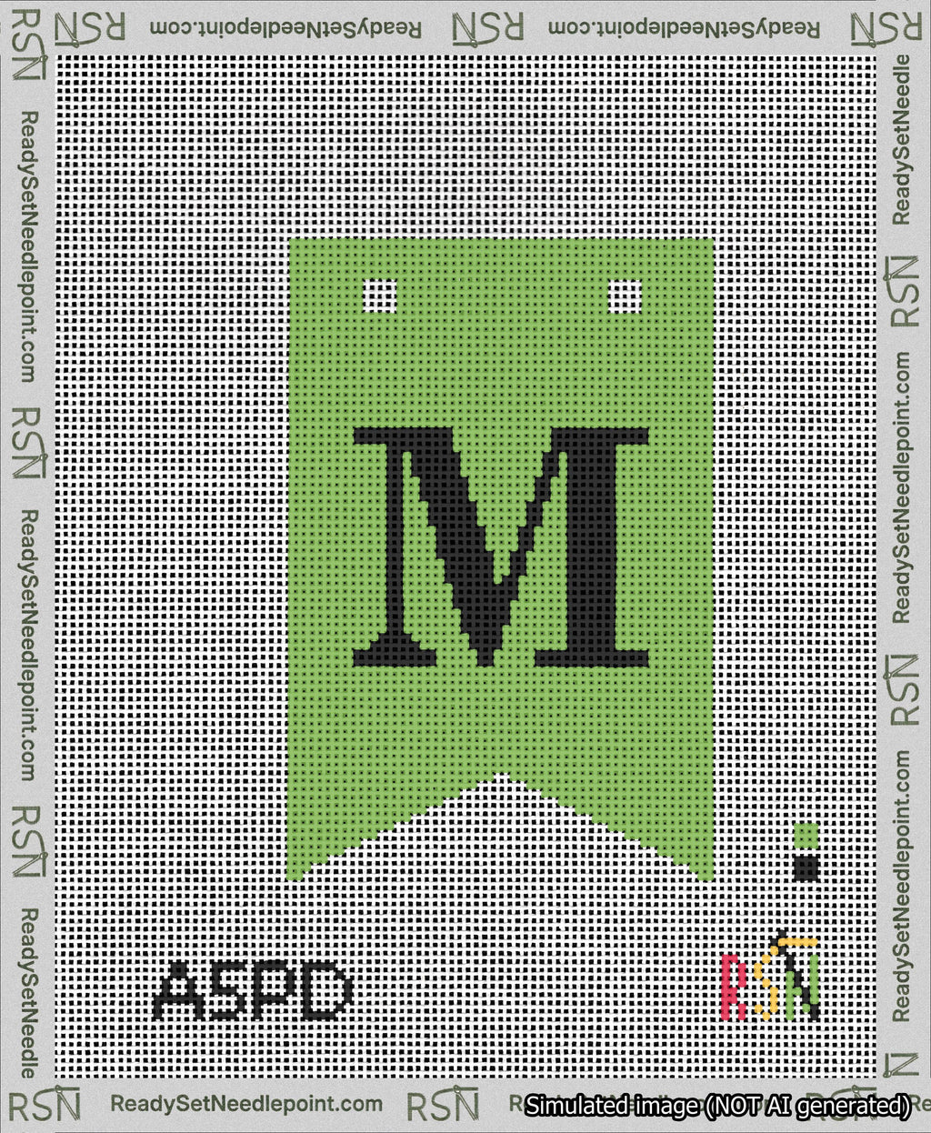 A taped needlepoint canvas with the design: Banner 13 mesh count Forked M Black on Light Green.