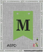 A taped needlepoint canvas with the design: Banner 13 mesh count Forked M Black on Light Green.