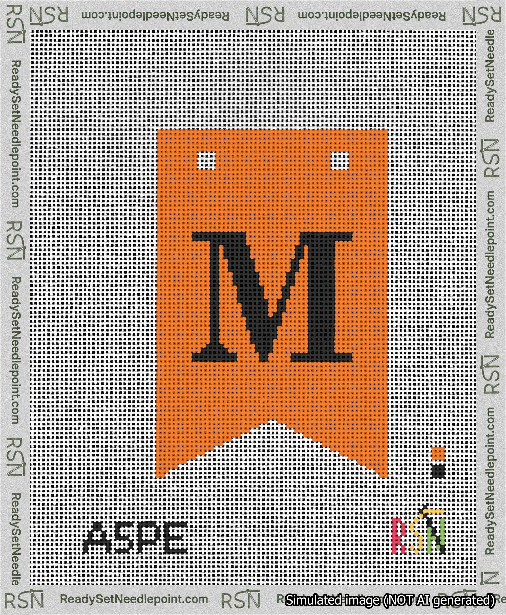 A taped needlepoint canvas with the design: Banner 13 mesh count Forked M Black on Orange.