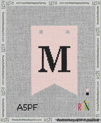 A taped needlepoint canvas with the design: Banner 13 mesh count Forked M Black on Pink.