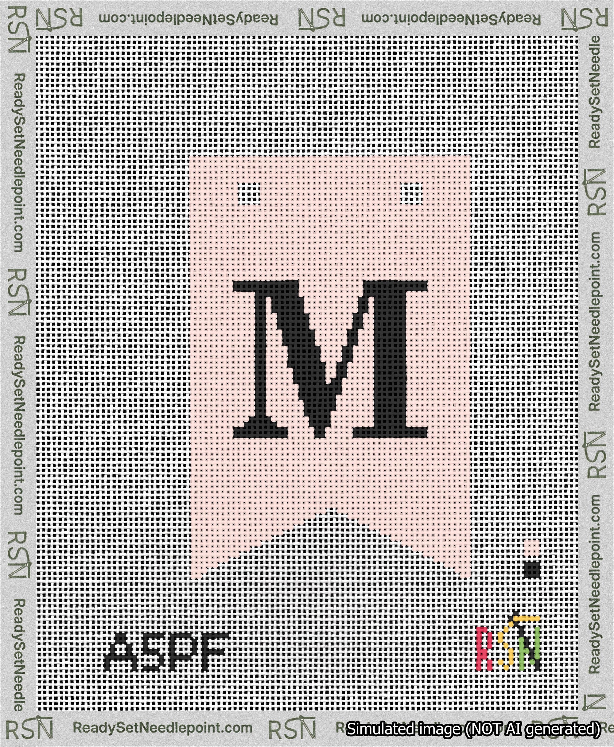 A taped needlepoint canvas with the design: Banner 13 mesh count Forked M Black on Pink.