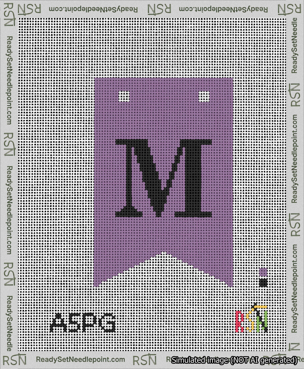 A taped needlepoint canvas with the design: Banner 13 mesh count Forked M Black on Purple.