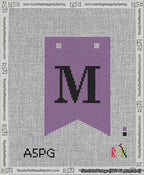 A taped needlepoint canvas with the design: Banner 13 mesh count Forked M Black on Purple.