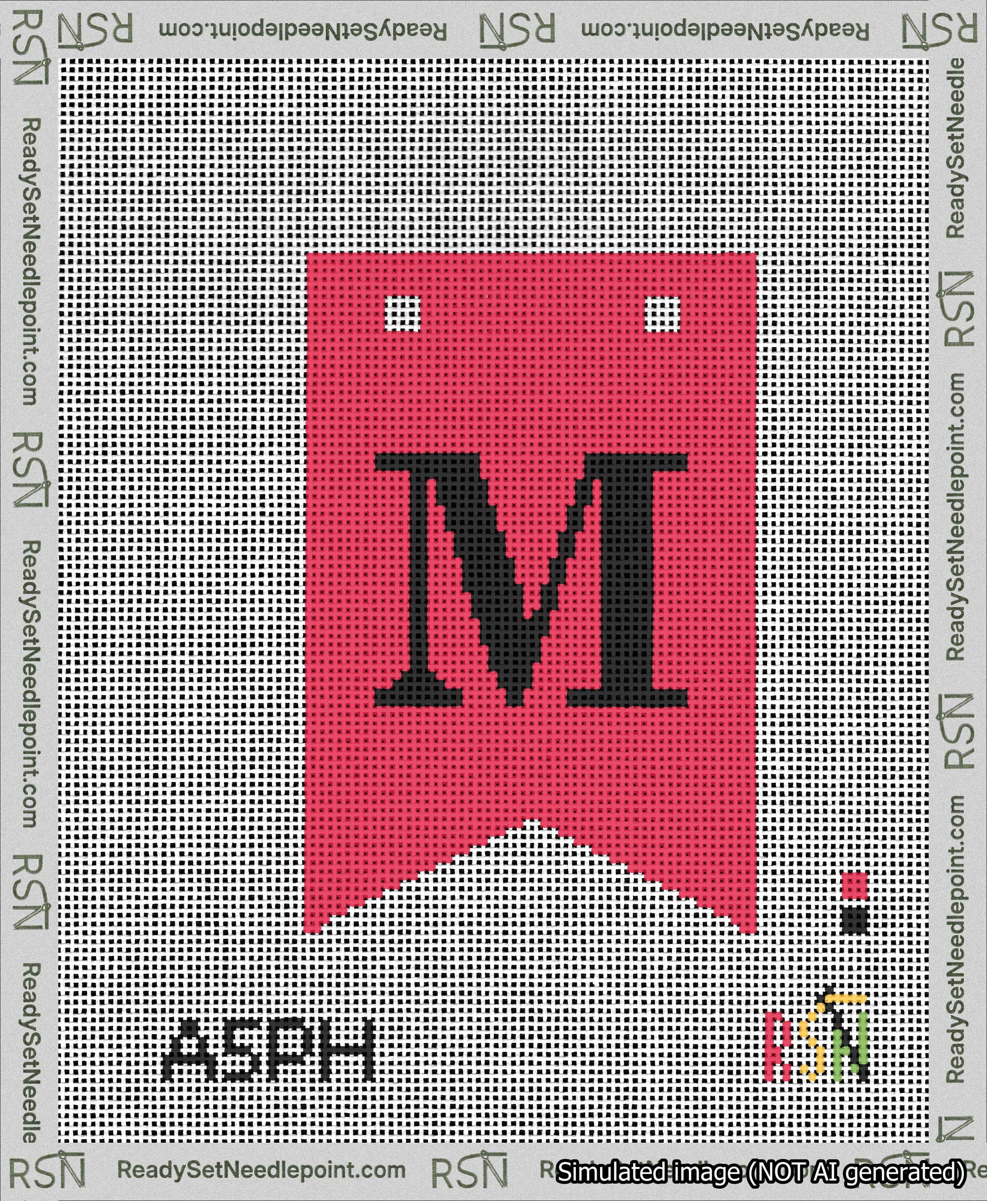 A taped needlepoint canvas with the design: Banner 13 mesh count Forked M Black on Red.