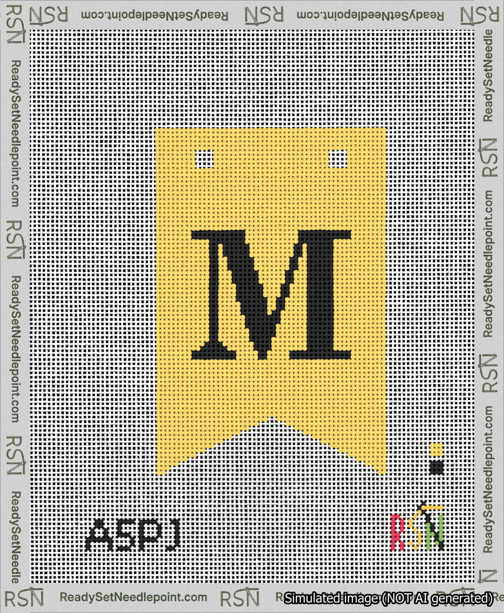 A taped needlepoint canvas with the design: Banner 13 mesh count Forked M Black on Yellow.