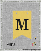 A taped needlepoint canvas with the design: Banner 13 mesh count Forked M Black on Yellow.