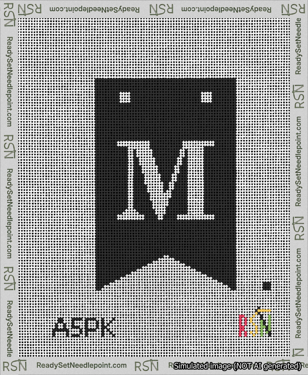 A taped needlepoint canvas with the design: Banner 13 mesh count Forked M White on Black.