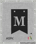 A taped needlepoint canvas with the design: Banner 13 mesh count Forked M White on Black.