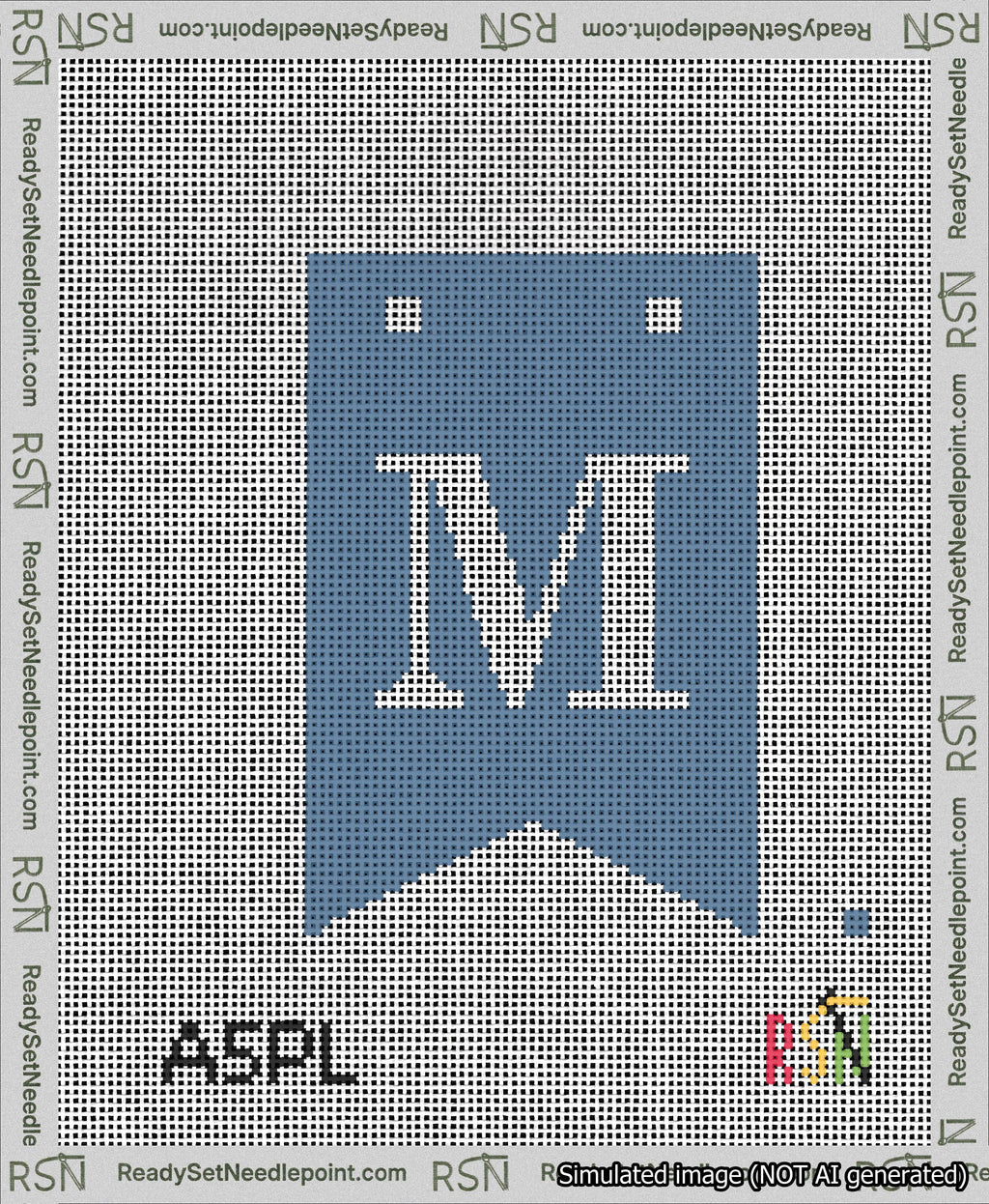 A taped needlepoint canvas with the design: Banner 13 mesh count Forked M White on Blue.