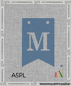 A taped needlepoint canvas with the design: Banner 13 mesh count Forked M White on Blue.