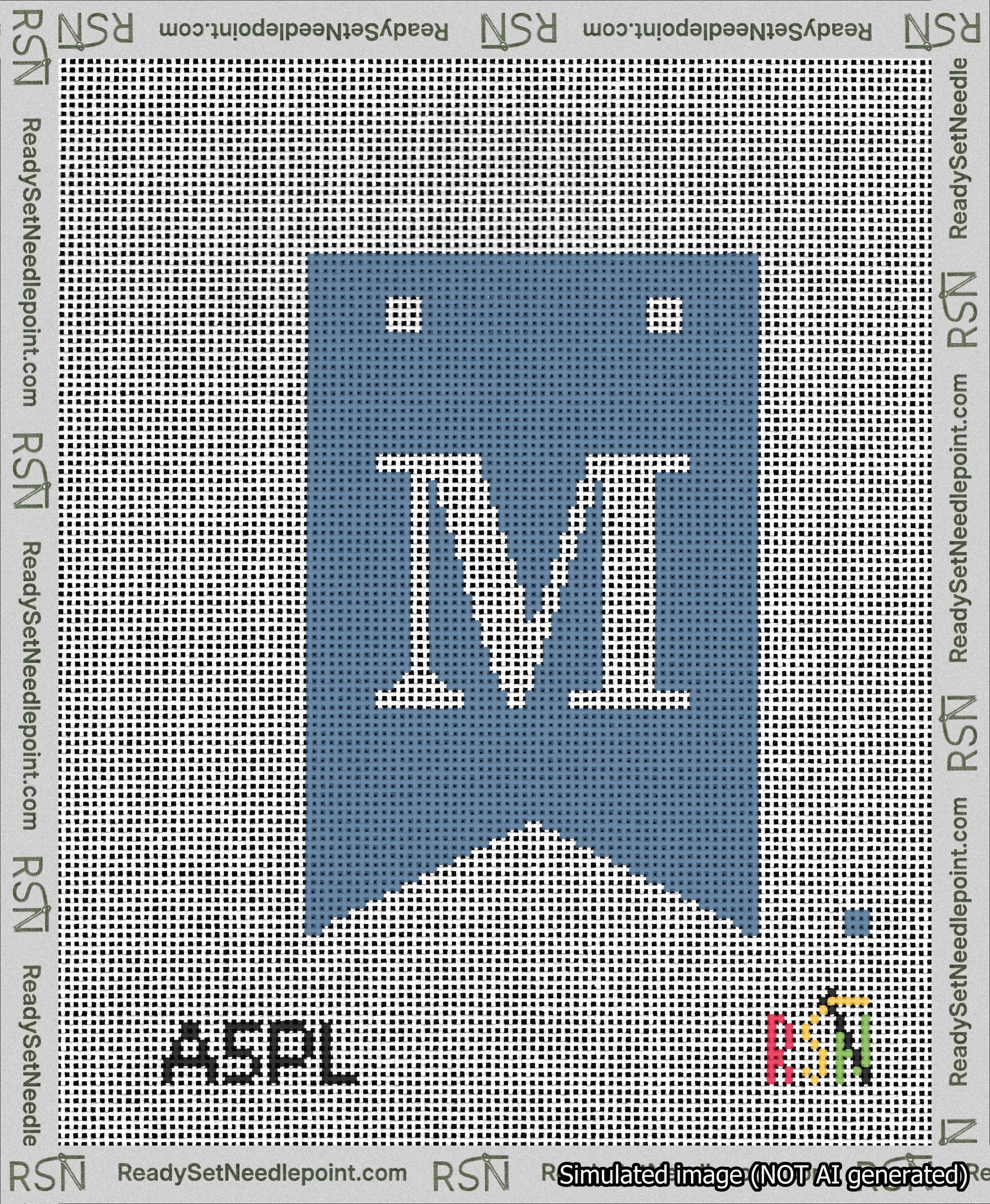 A taped needlepoint canvas with the design: Banner 13 mesh count Forked M White on Blue.