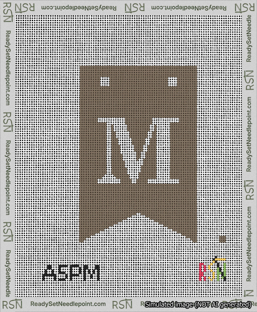 A taped needlepoint canvas with the design: Banner 13 mesh count Forked M White on Brown.