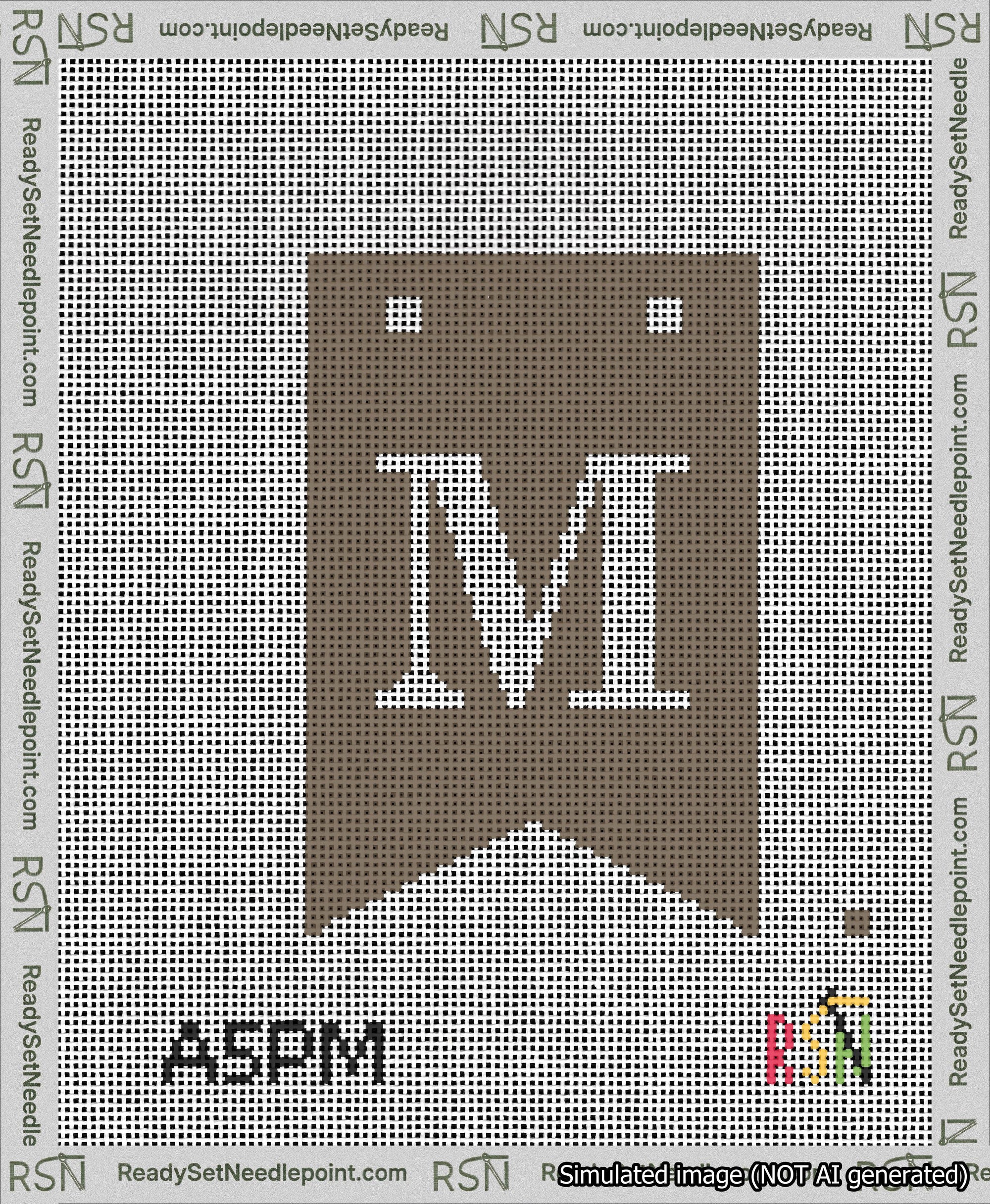 A taped needlepoint canvas with the design: Banner 13 mesh count Forked M White on Brown.