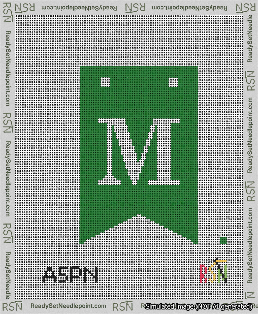 A taped needlepoint canvas with the design: Banner 13 mesh count Forked M White on Green.