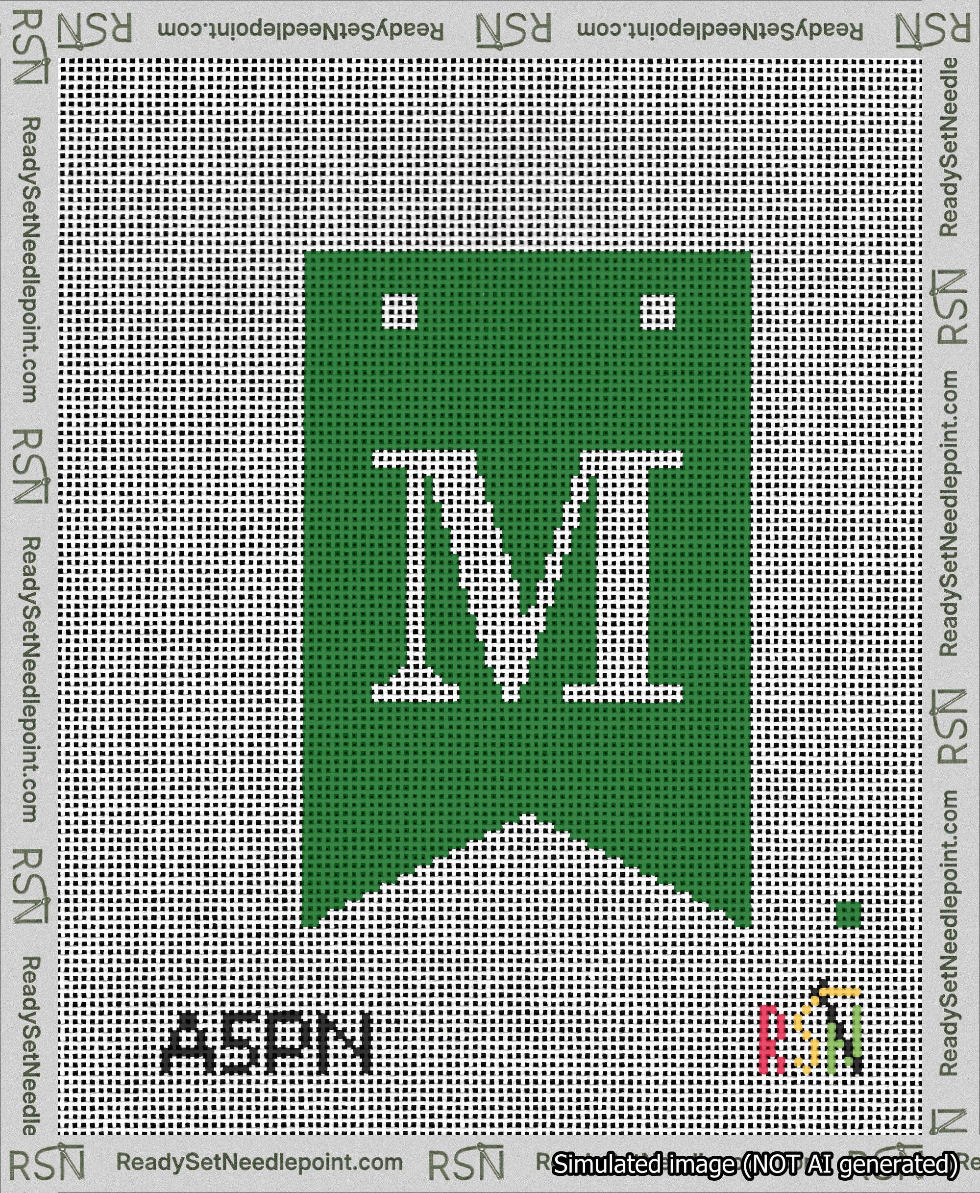 A taped needlepoint canvas with the design: Banner 13 mesh count Forked M White on Green.