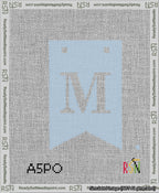 A taped needlepoint canvas with the design: Banner 13 mesh count Forked M White on Light Blue.