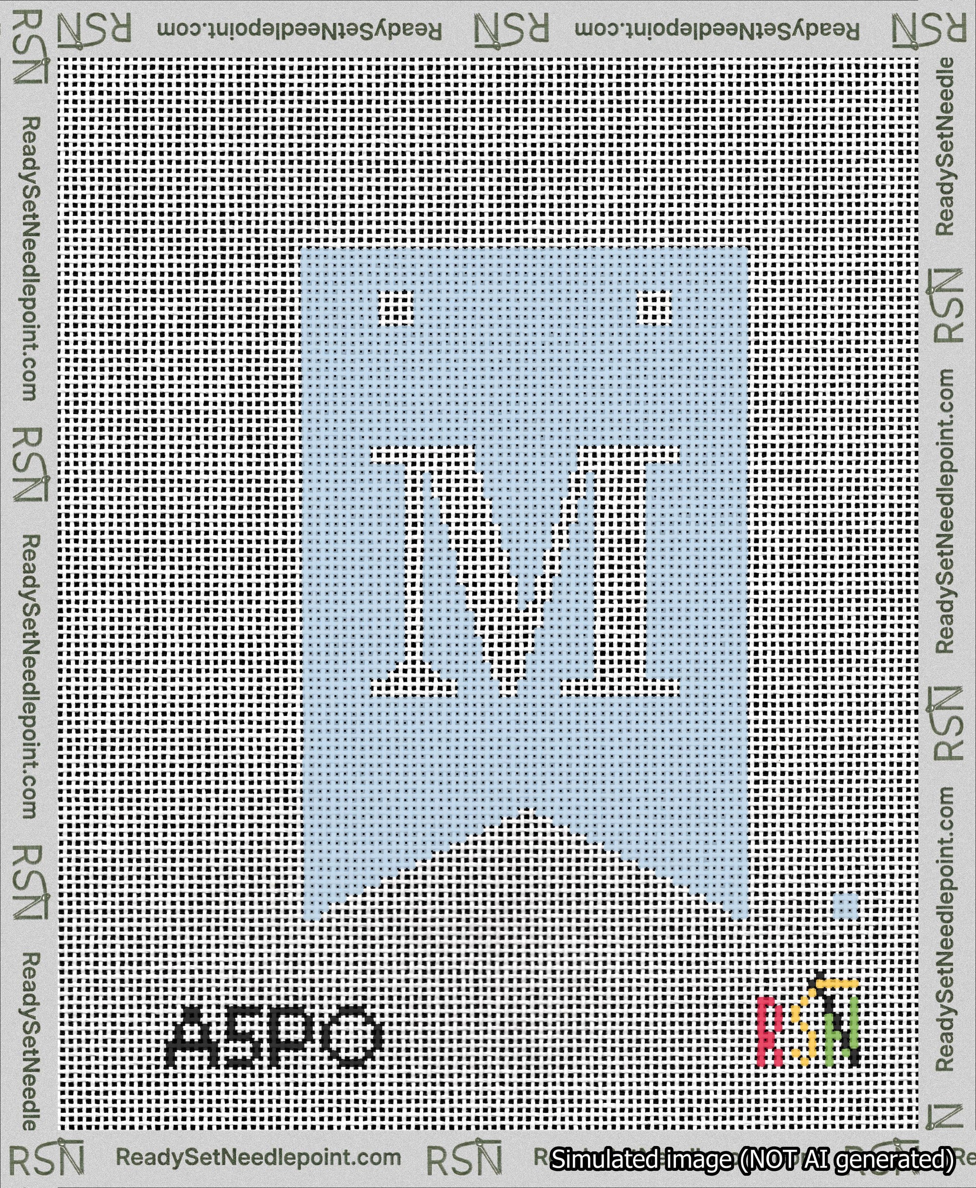 A taped needlepoint canvas with the design: Banner 13 mesh count Forked M White on Light Blue.