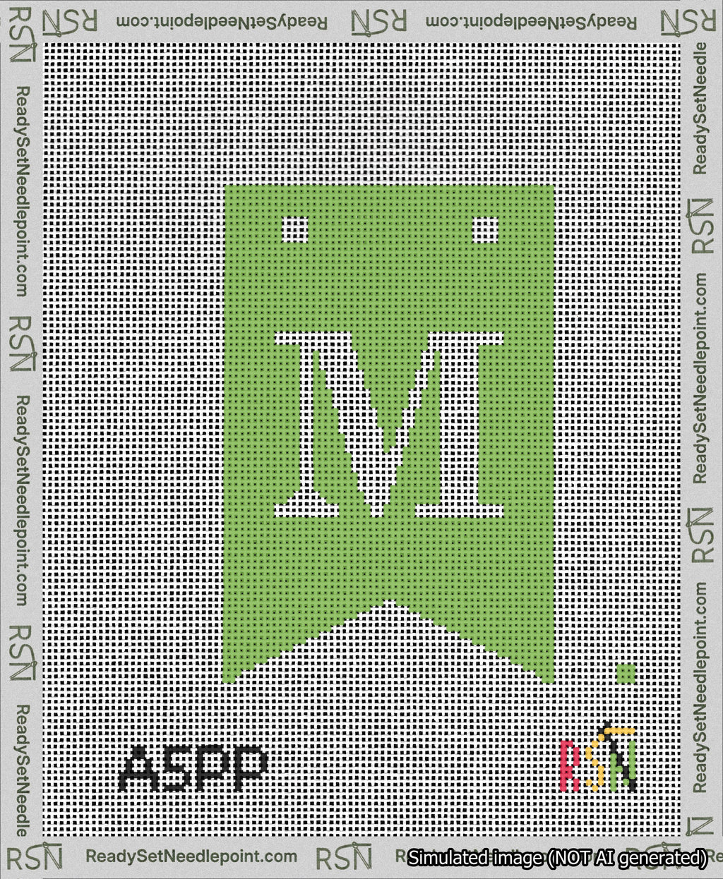 A taped needlepoint canvas with the design: Banner 13 mesh count Forked M White on Light Green.
