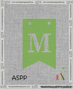 A taped needlepoint canvas with the design: Banner 13 mesh count Forked M White on Light Green.
