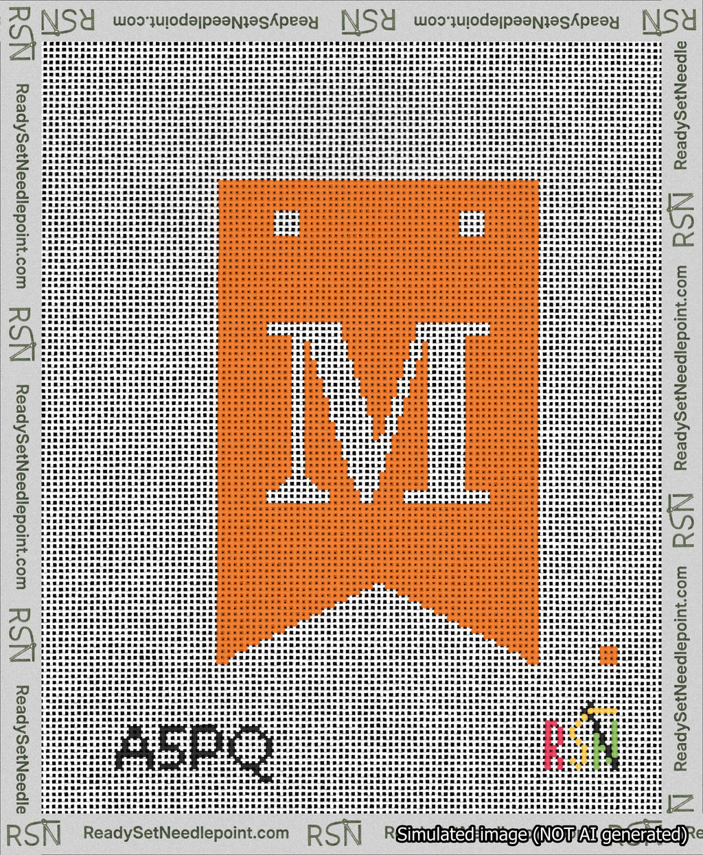 A taped needlepoint canvas with the design: Banner 13 mesh count Forked M White on Orange.
