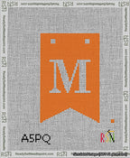 A taped needlepoint canvas with the design: Banner 13 mesh count Forked M White on Orange.