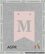 A taped needlepoint canvas with the design: Banner 13 mesh count Forked M White on Pink.