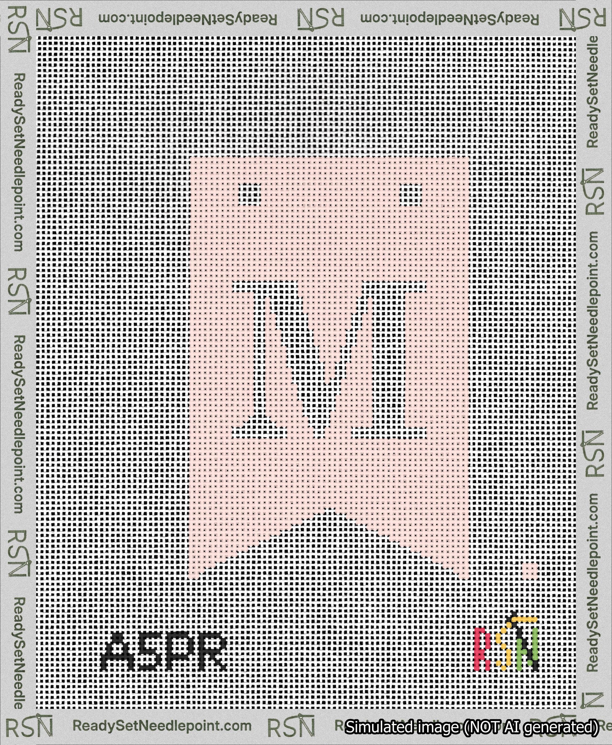 A taped needlepoint canvas with the design: Banner 13 mesh count Forked M White on Pink.