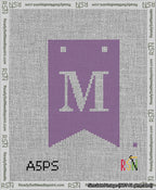 A taped needlepoint canvas with the design: Banner 13 mesh count Forked M White on Purple.