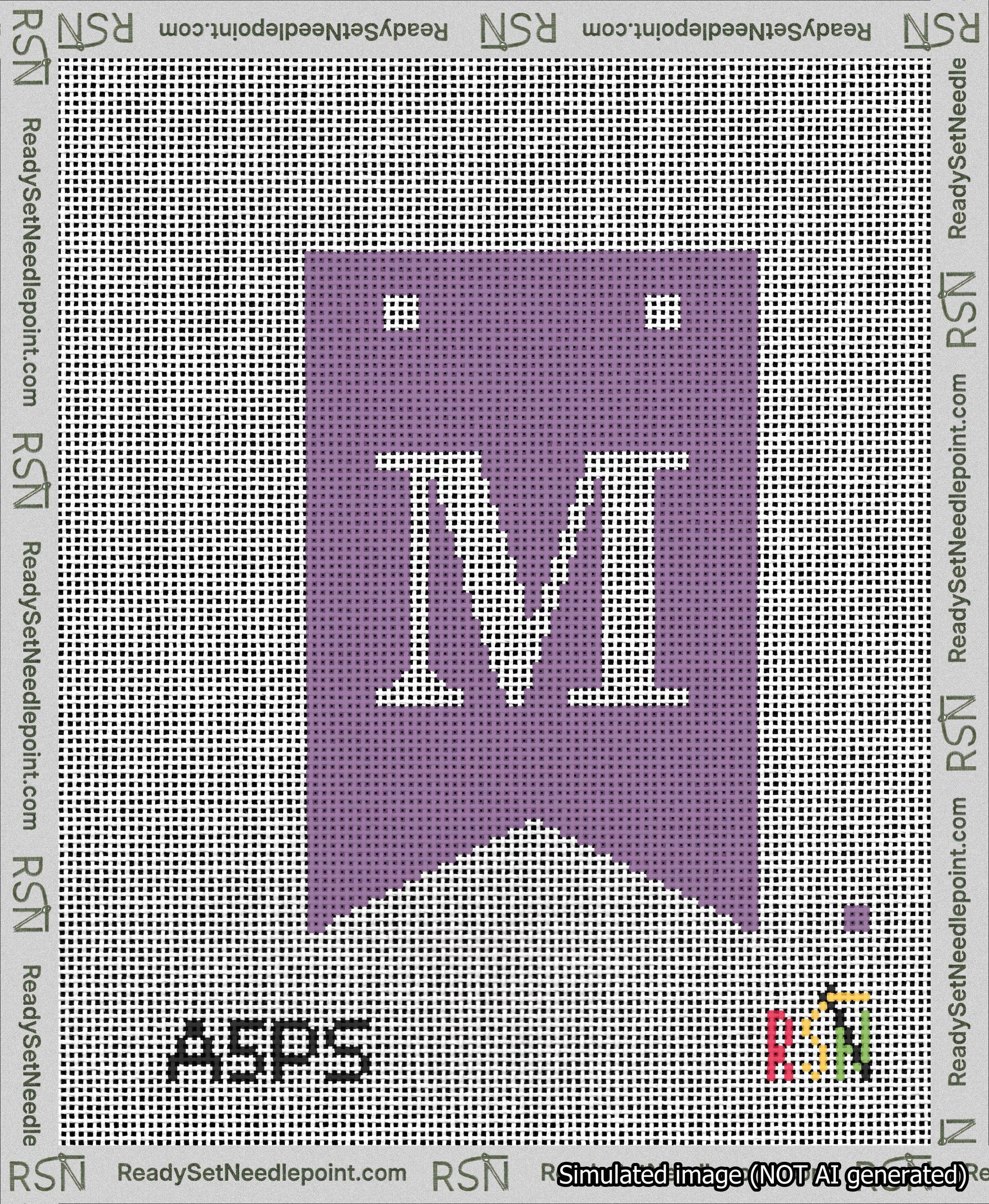 A taped needlepoint canvas with the design: Banner 13 mesh count Forked M White on Purple.
