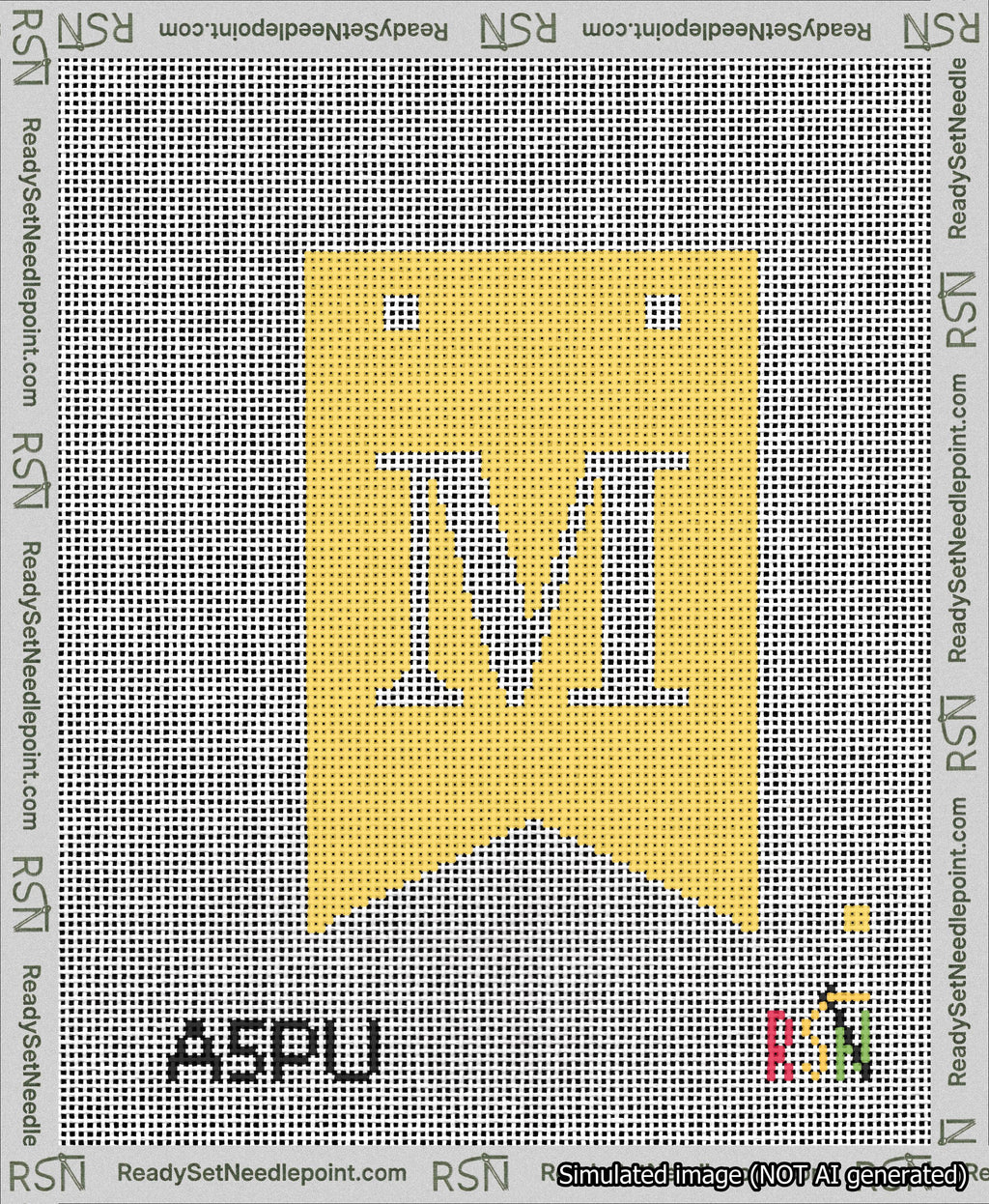 A taped needlepoint canvas with the design: Banner 13 mesh count Forked M White on Yellow.