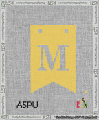 A taped needlepoint canvas with the design: Banner 13 mesh count Forked M White on Yellow.