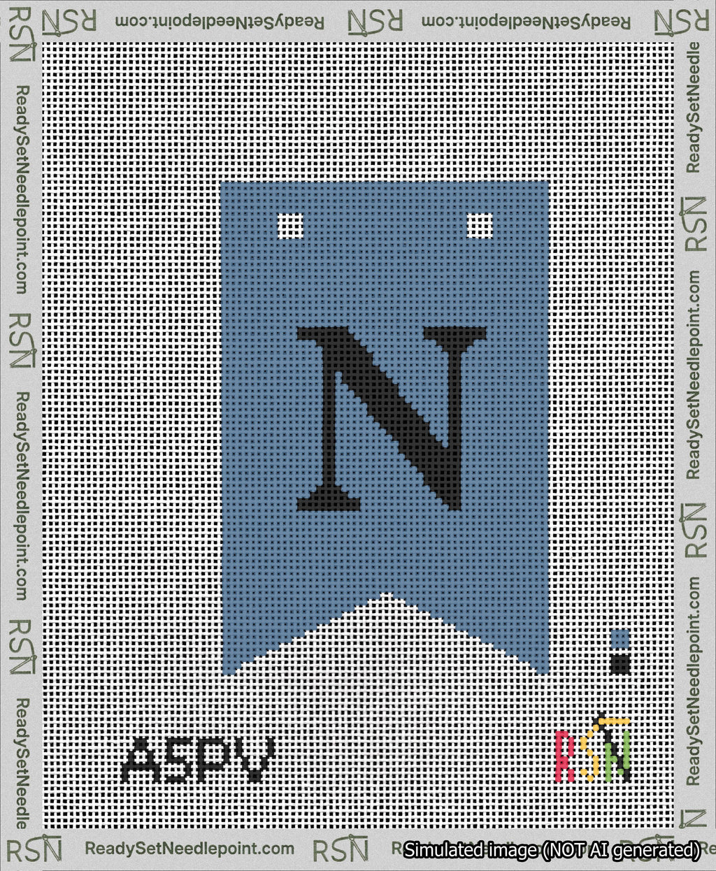 A taped needlepoint canvas with the design: Banner 13 mesh count Forked N Black on Blue.