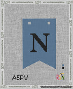 A taped needlepoint canvas with the design: Banner 13 mesh count Forked N Black on Blue.