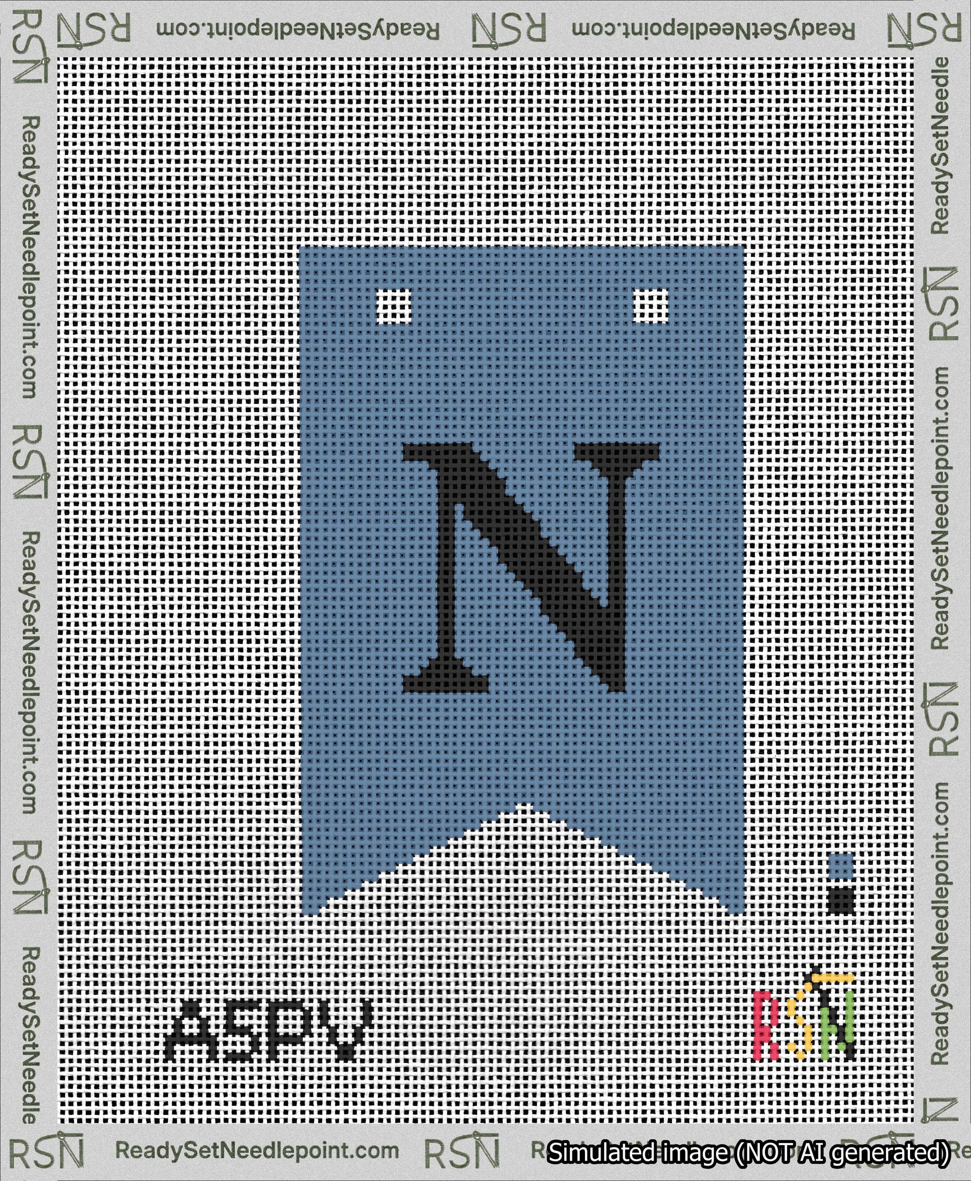 A taped needlepoint canvas with the design: Banner 13 mesh count Forked N Black on Blue.