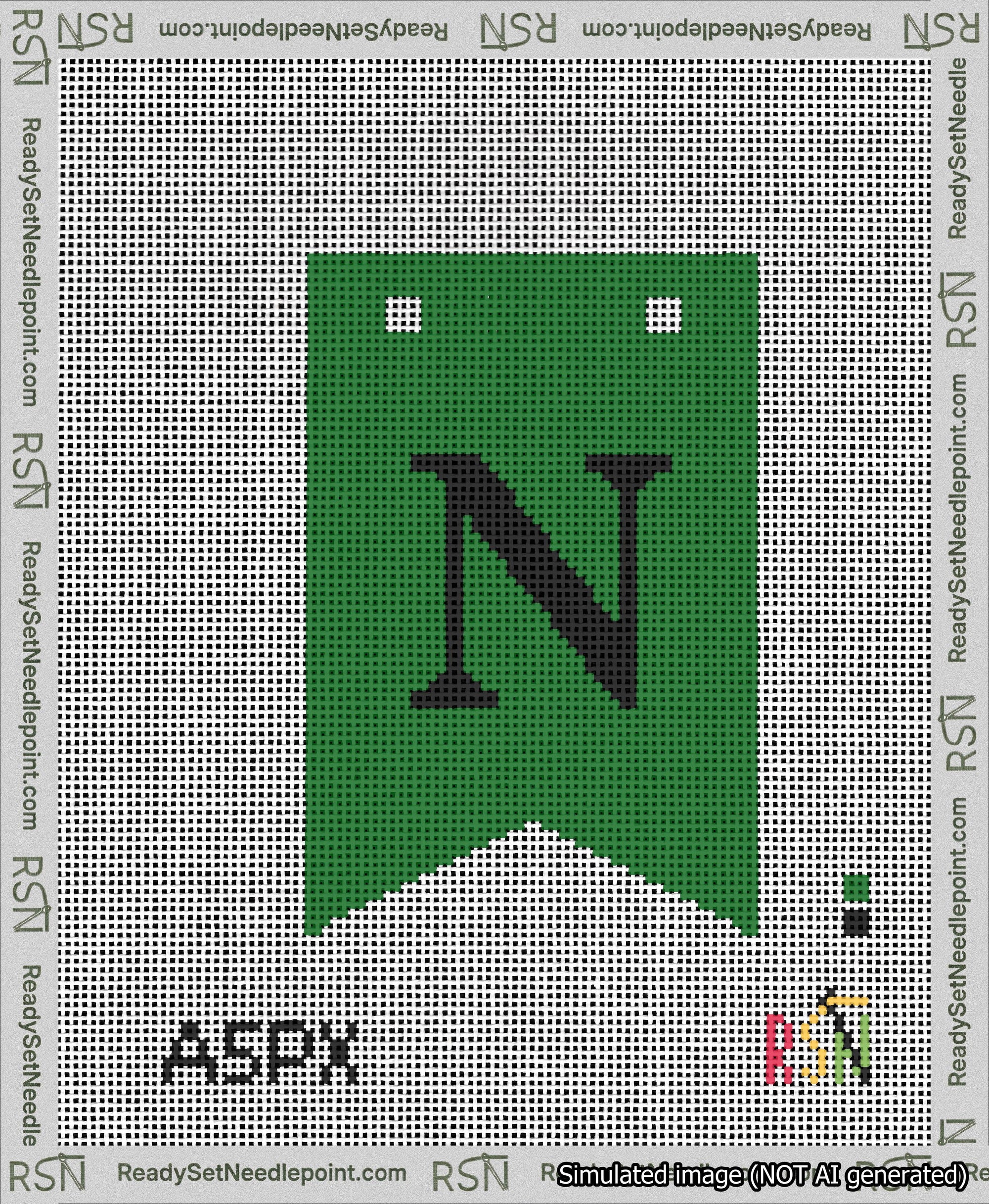 A taped needlepoint canvas with the design: Banner 13 mesh count Forked N Black on Green.