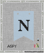 A taped needlepoint canvas with the design: Banner 13 mesh count Forked N Black on Light Blue.
