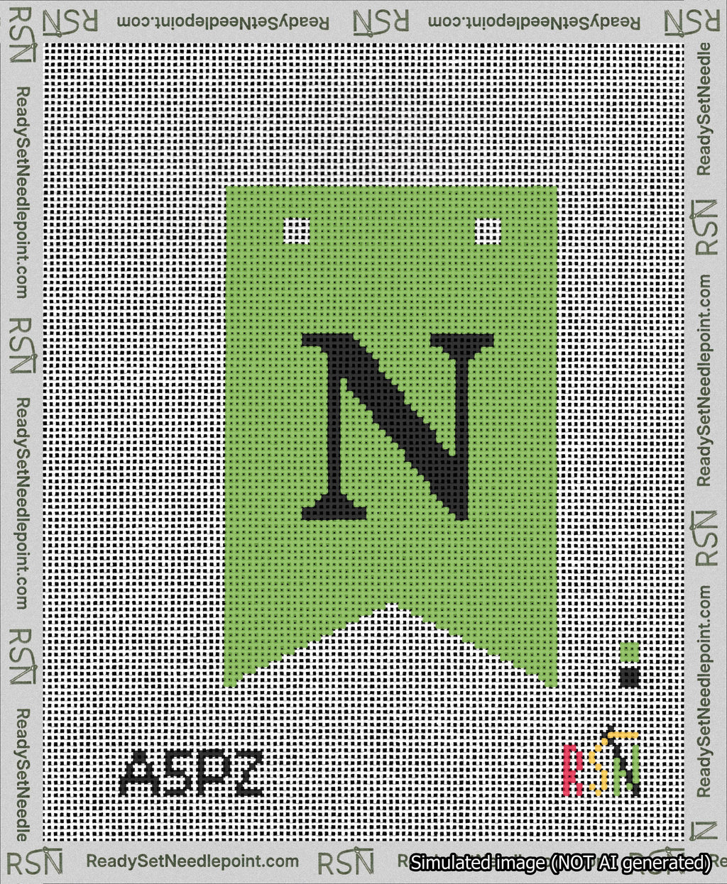 A taped needlepoint canvas with the design: Banner 13 mesh count Forked N Black on Light Green.