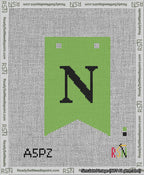 A taped needlepoint canvas with the design: Banner 13 mesh count Forked N Black on Light Green.