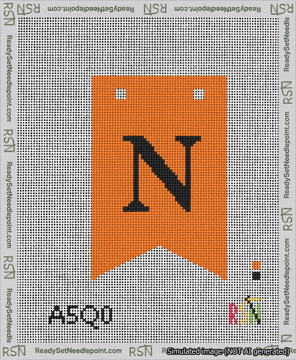 A taped needlepoint canvas with the design: Banner 13 mesh count Forked N Black on Orange.