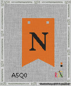 A taped needlepoint canvas with the design: Banner 13 mesh count Forked N Black on Orange.