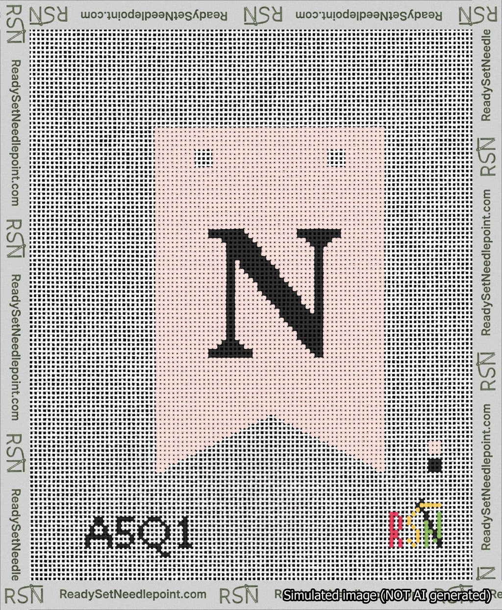 A taped needlepoint canvas with the design: Banner 13 mesh count Forked N Black on Pink.
